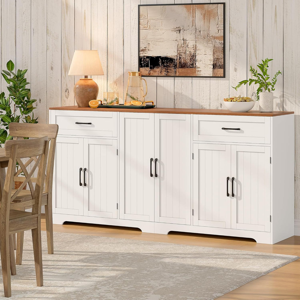 Whalefall 71" Farmhouse Sideboard Buffet Cabinet with Storage, Large Kittchen Credenza with 2 Drawers & 6 Doors, Modern Wooden Coffee Bar Cabinet for Kitchen Dining Room, White