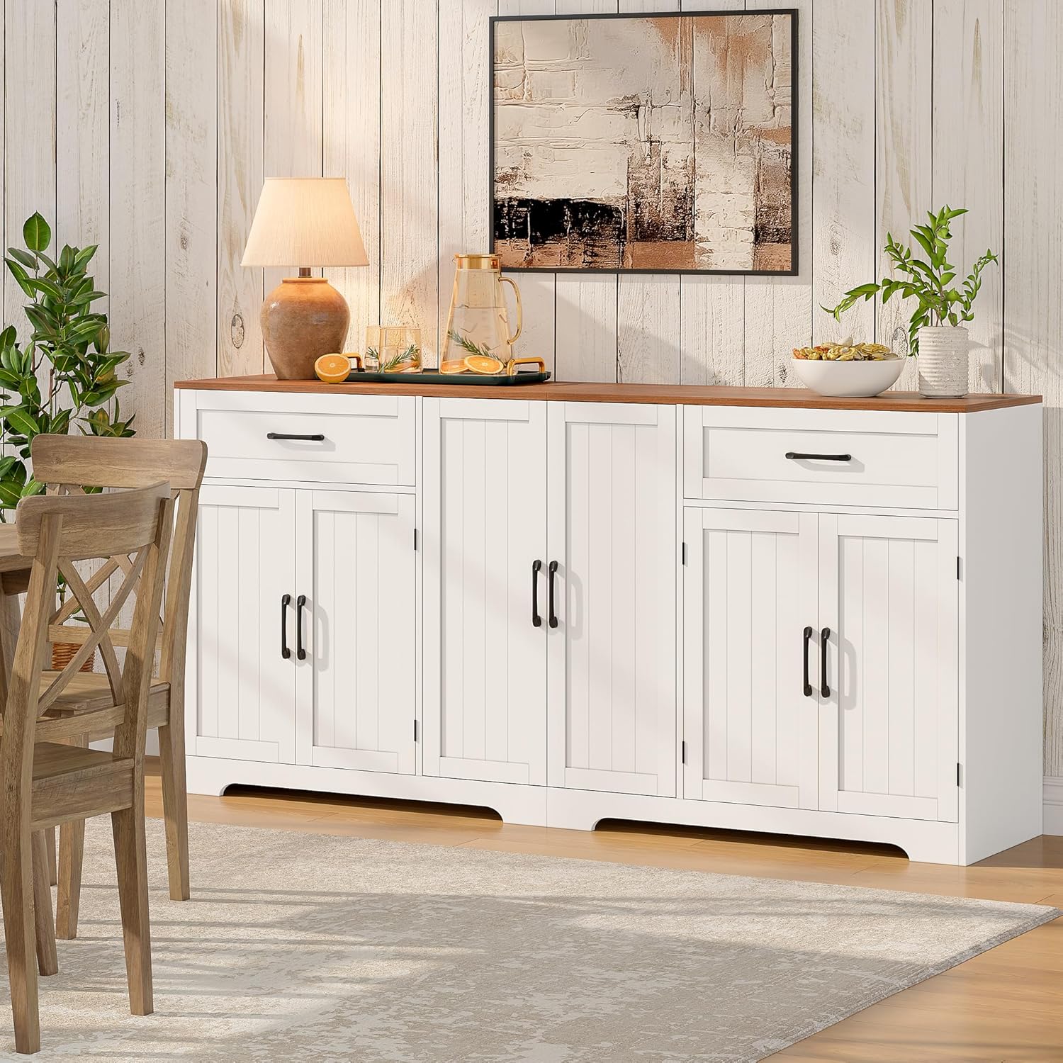 Whalefall 71" Farmhouse Sideboard Buffet Cabinet with Storage, Large Kittchen Credenza with 2 Drawers & 6 Doors, Modern Wooden Coffee Bar Cabinet for Kitchen Dining Room, White
