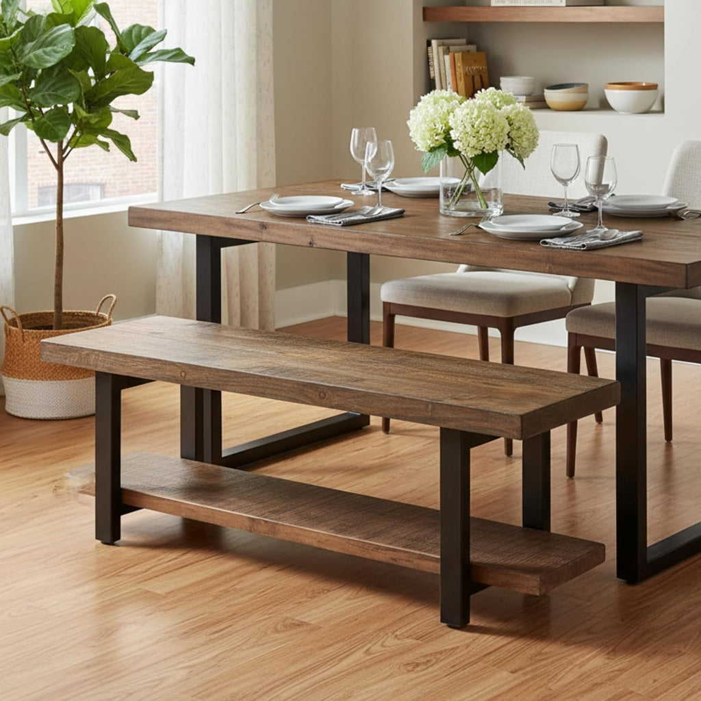 Alaterre Furniture Pomona Entryway Bench – Modern Rustic 48-Inch Solid Wood Bench with Open Bottom Storage Shelf – Farmhouse Hallway Seating for Mudroom or Foyer (Rustic Brown)
