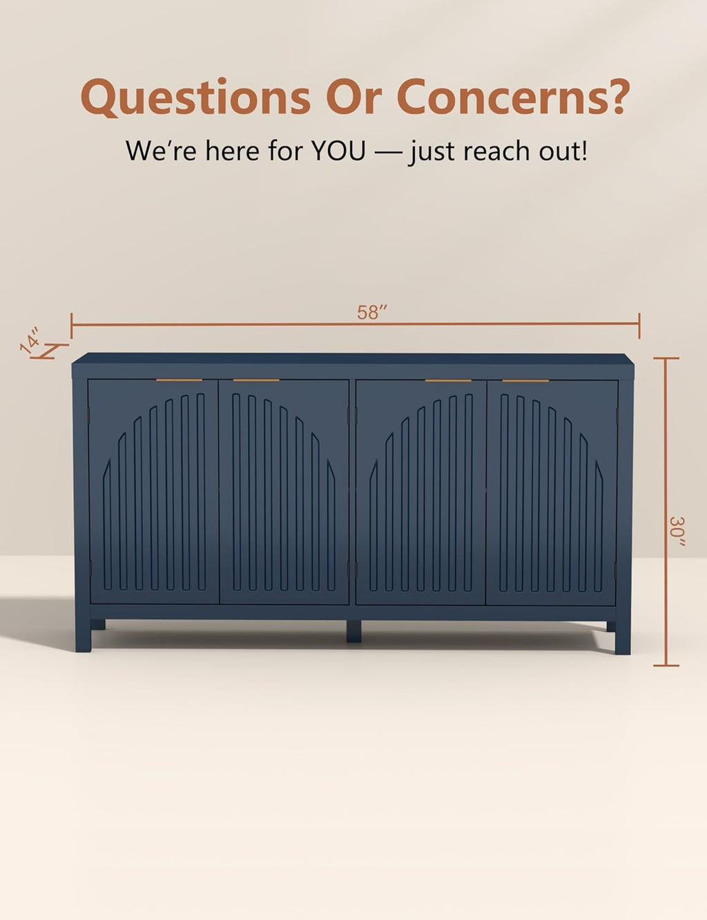 Fluted Sideboard Buffet Cabinet with Storage, 58'' Mid Century Modern Accent Credenza with Arch Doors & Adjustable Shelves, Wooden Coffee Bar for Dining Room Kitchen Living Room Entryway Hallway