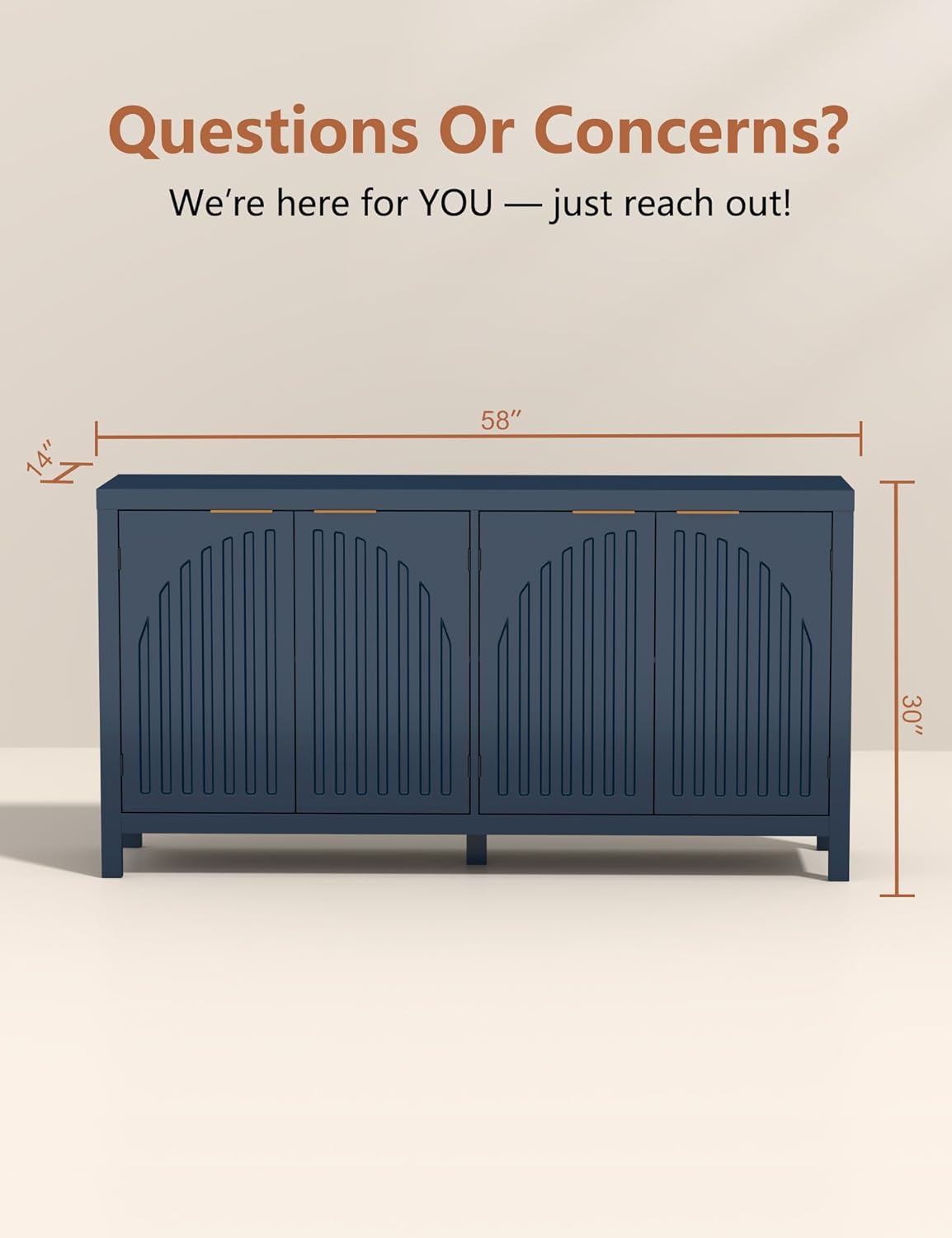 Fluted Sideboard Buffet Cabinet with Storage, 58'' Mid Century Modern Accent Credenza with Arch Doors & Adjustable Shelves, Wooden Coffee Bar for Dining Room Kitchen Living Room Entryway Hallway