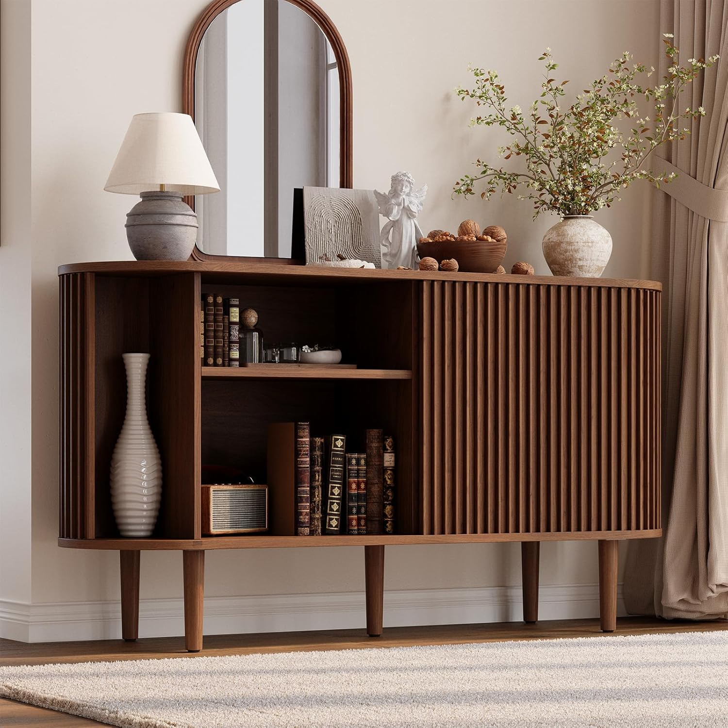 ONBRILL 55" Buffet Sideboard Cabinet with Sliding Doors, Mid-Century Modern Sideboard Buffet Cabinet with Storage & Adjustable Shelves, Accent Coffee Bar Console Table for Kitchen, Entryway, Walnut