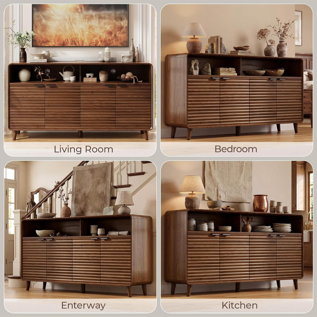 61" Sideboard Buffet Cabinet with Open Storage & 4 Doors, Large Coffee Bar Cabinet with Adjustable Shelves, Mid Century Modern Fluted Buffet Cabinet for Kitchen, Living Room, Walnut