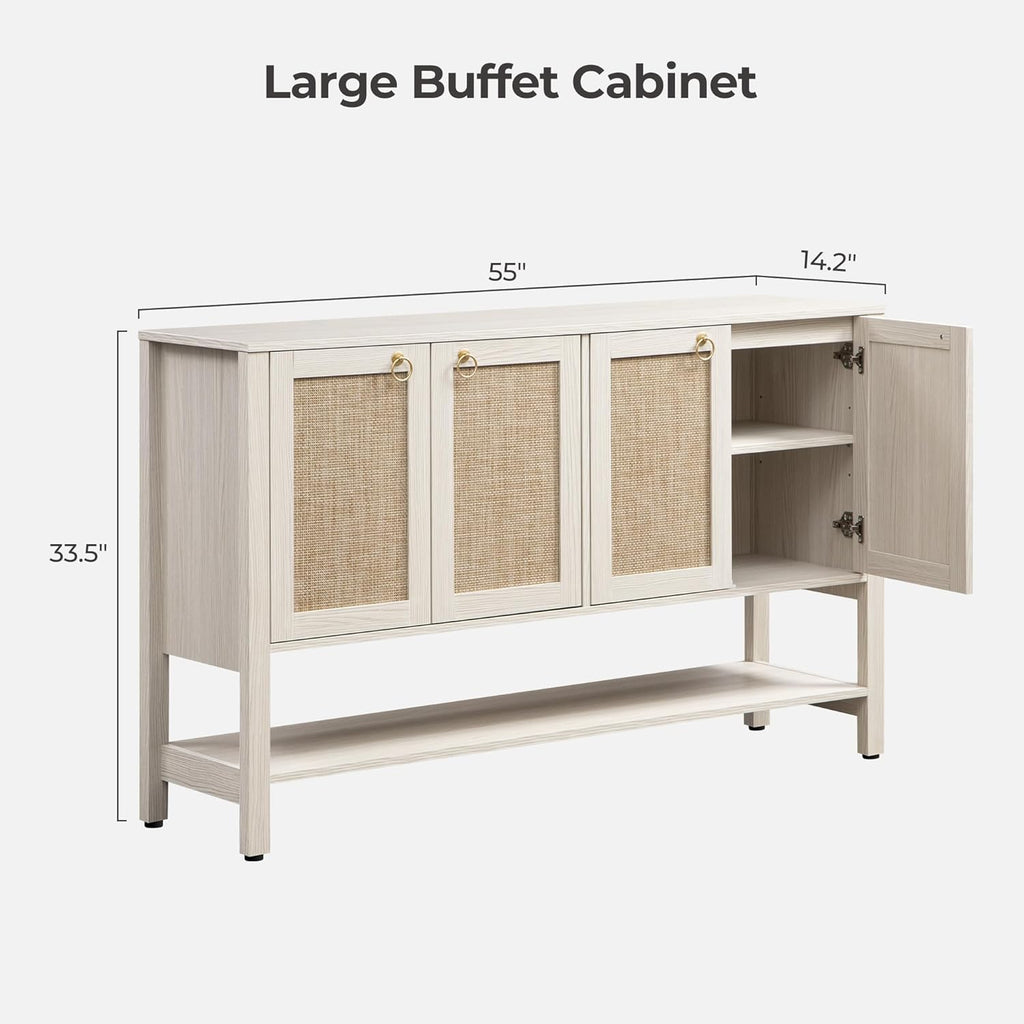 SICOTAS Sideboard Buffet Cabinet with Rattan Doors, 55" Boho Coffee Bar Cabinet with Open Shelf, Modern Farmhouse Credenza & Console Table for Entryway, Kitchen, Dining Room