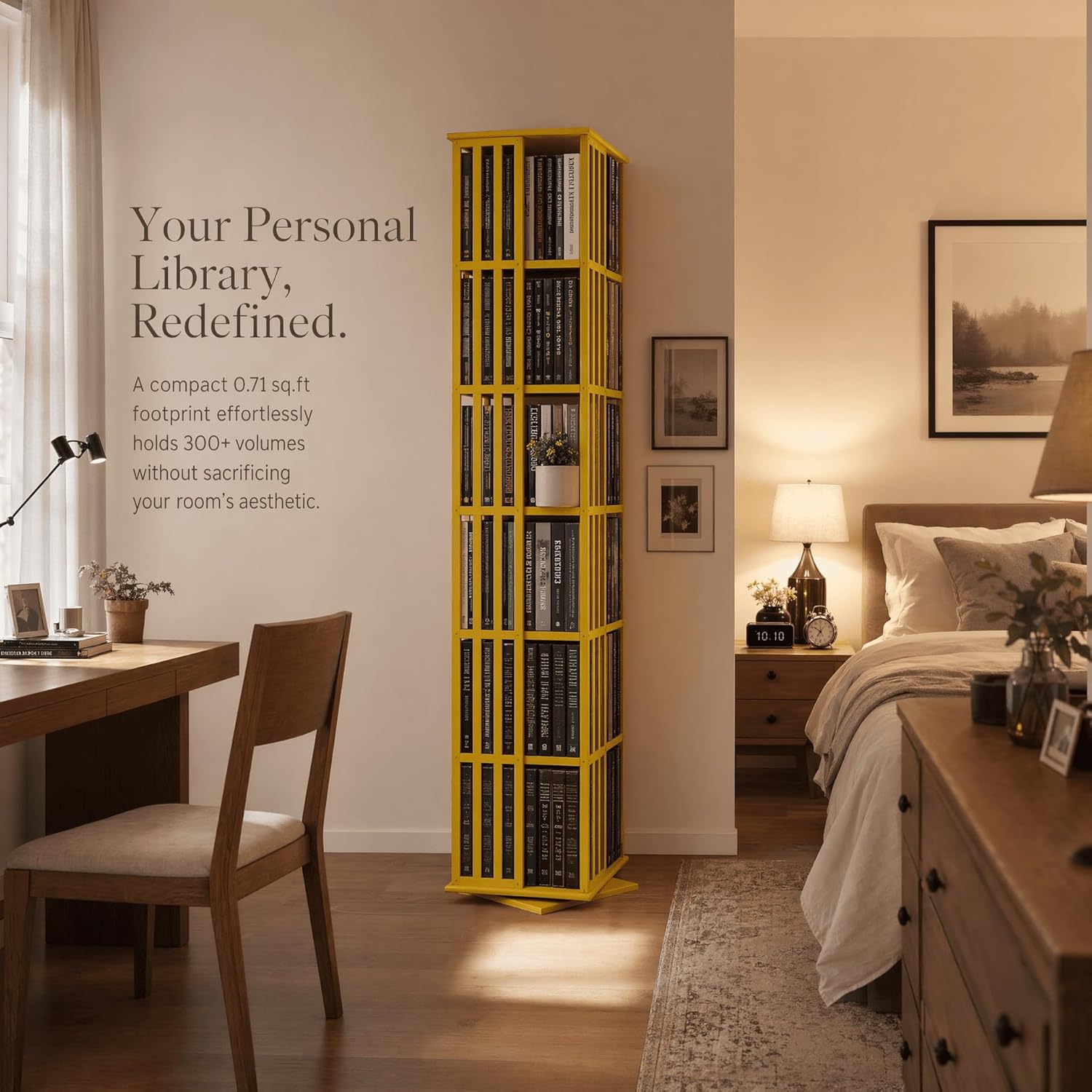 Lauxery Rotating Bookshelf Tower– 6 Tier 360° Spinning Bookshelf | Space-Saving Floor Standing Bamboo Revolving Bookcase for Small Space, Home Offices & Reading Corners | Gold