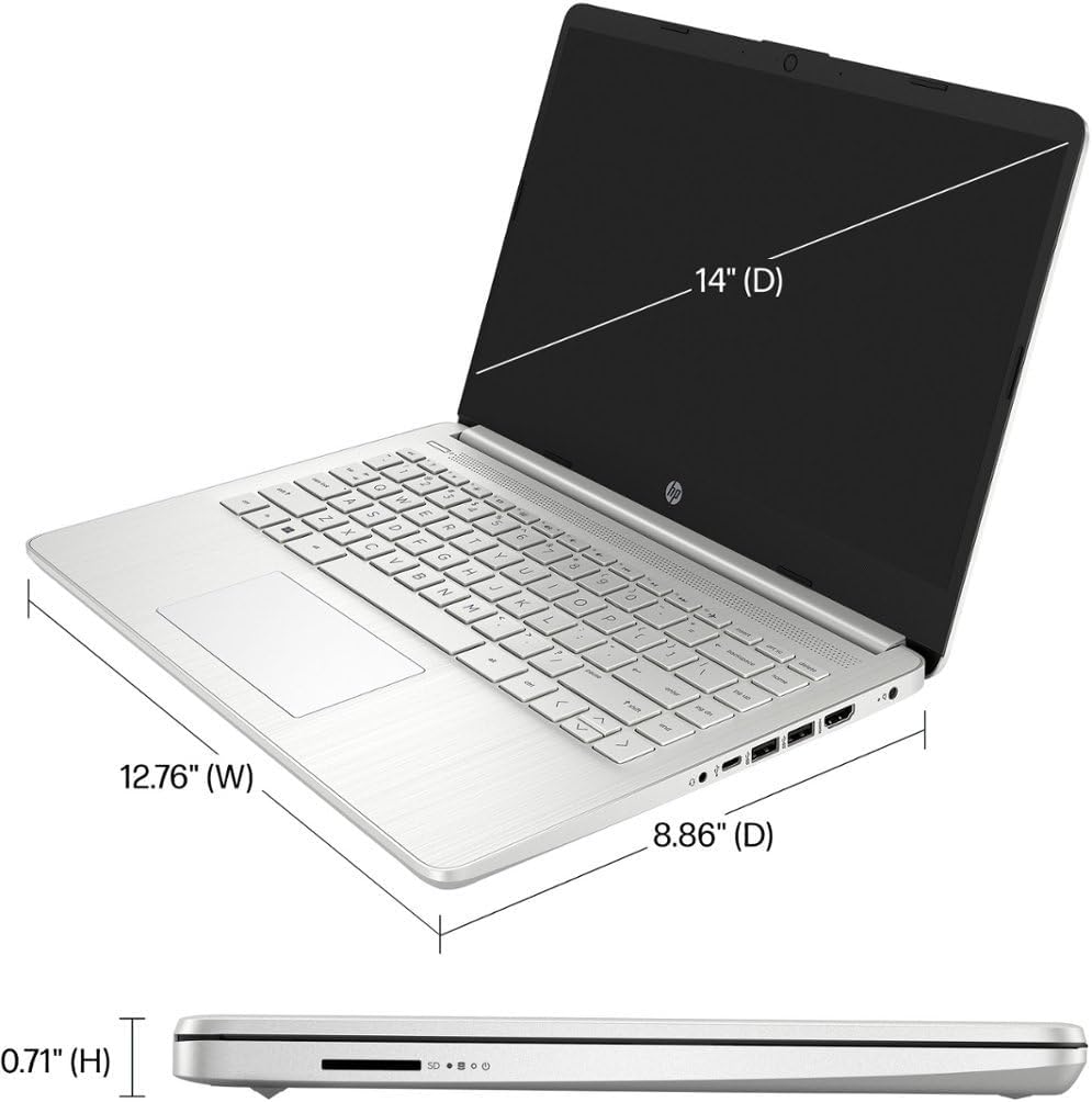 HP 14-dq0760dx 14 Inch HD Laptop Intel Celeron N4120 4GB DDR4 RAM 128GB eMMC Intel UHD Graphics Windows 11 Home in S Mode USB Type-C HDMI Ports, Natural Silver 9R334UA (Renewed)