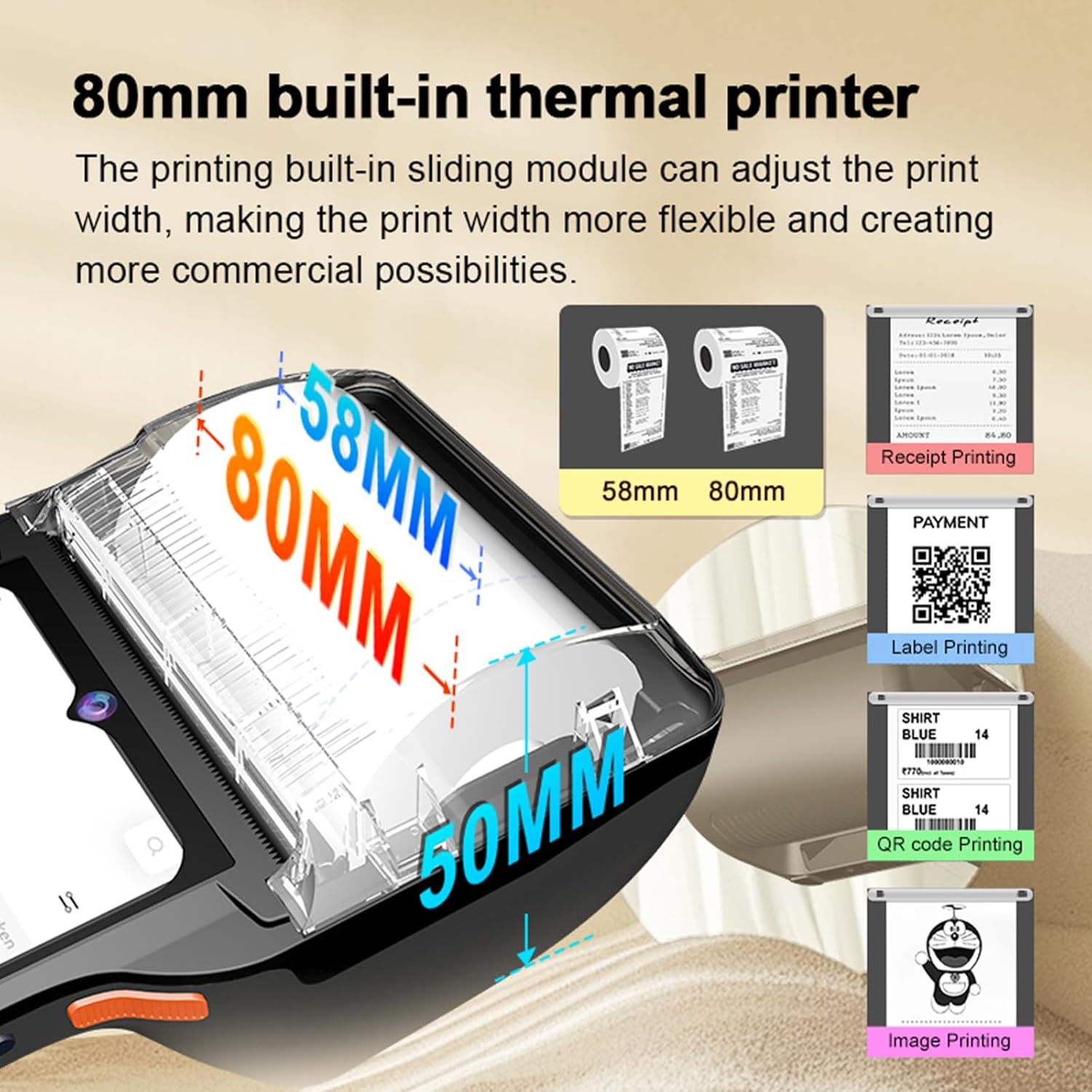 Alacrity Handheld POS PDA Android 14 Receipt Printer 3GB+32GB 1D 2D Barcode Scanner, Wifi/Gps/BT/4G Full Network Connection, 6.5" Touchscreen 80mm Width Thermal Label Printing 6400mAh Battery and NFC