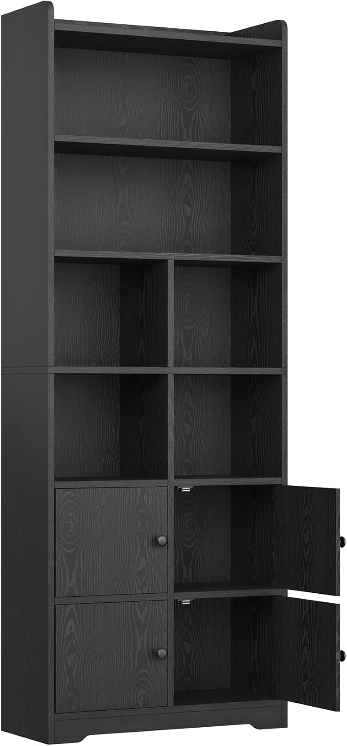 IRONCK Bookshelf with Doors, Book Shelf with Storage Shelves, 74.6 in Tall Bookcase for Home Office, Living Room, Bedroom, Black