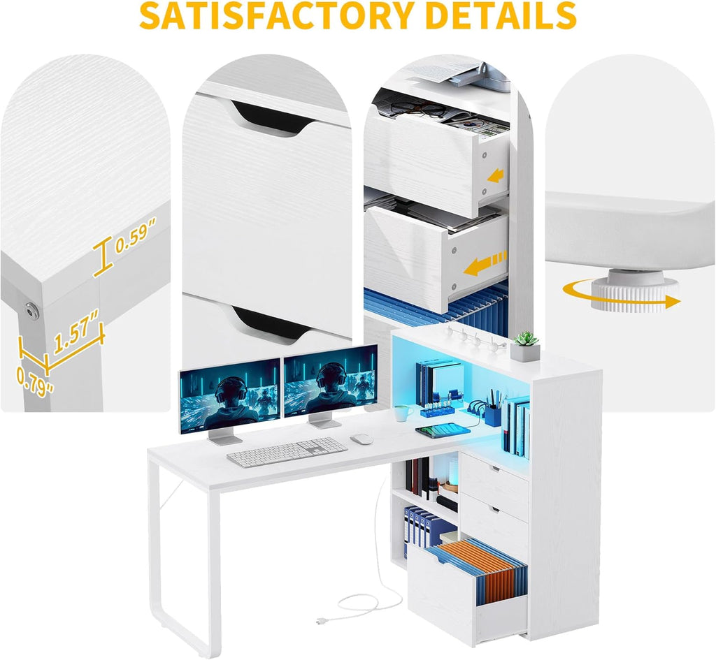 DWVO L Shaped Desk with Drawers, 55" Corner Computer Desk with Bookshelf & Power Outlets & LED Lights, Home Office Desk with Storage Shelves, White
