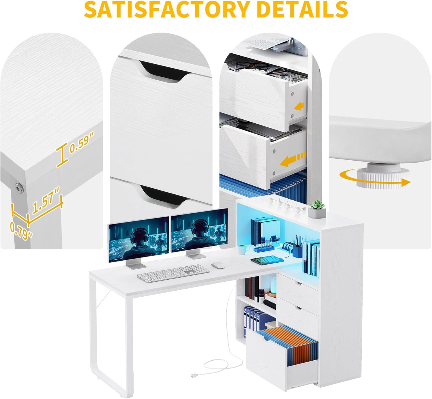 DWVO L Shaped Desk with Drawers, 55" Corner Computer Desk with Bookshelf & Power Outlets & LED Lights, Home Office Desk with Storage Shelves, White