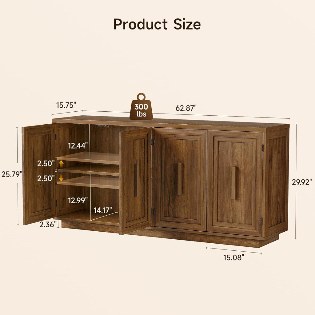 ONBRILL 63 Inch Sideboard Buffet Cabinet with Storage, Large Coffee Bar Cabinet with 4 Doors, Adjustable Shelves, Credenza Storage Cabinets for Kitchen, Living Room, Entryway, Antique Brown