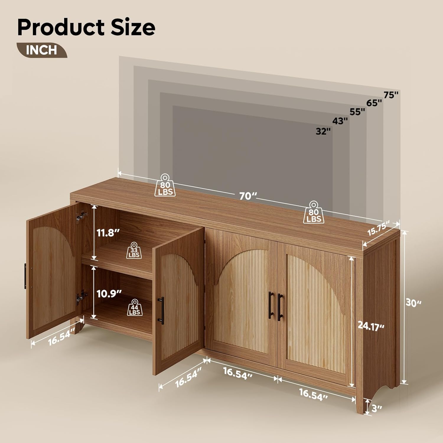 Bestier 70" Sideboard Buffet Cabinet with Storage, Large Modern Storage Credenza with Arch Fluted Doors & Adjustable Shelves, Farmhouse Wood Coffee Bar for Living Room, Kitchen, Entryway, English Oak
