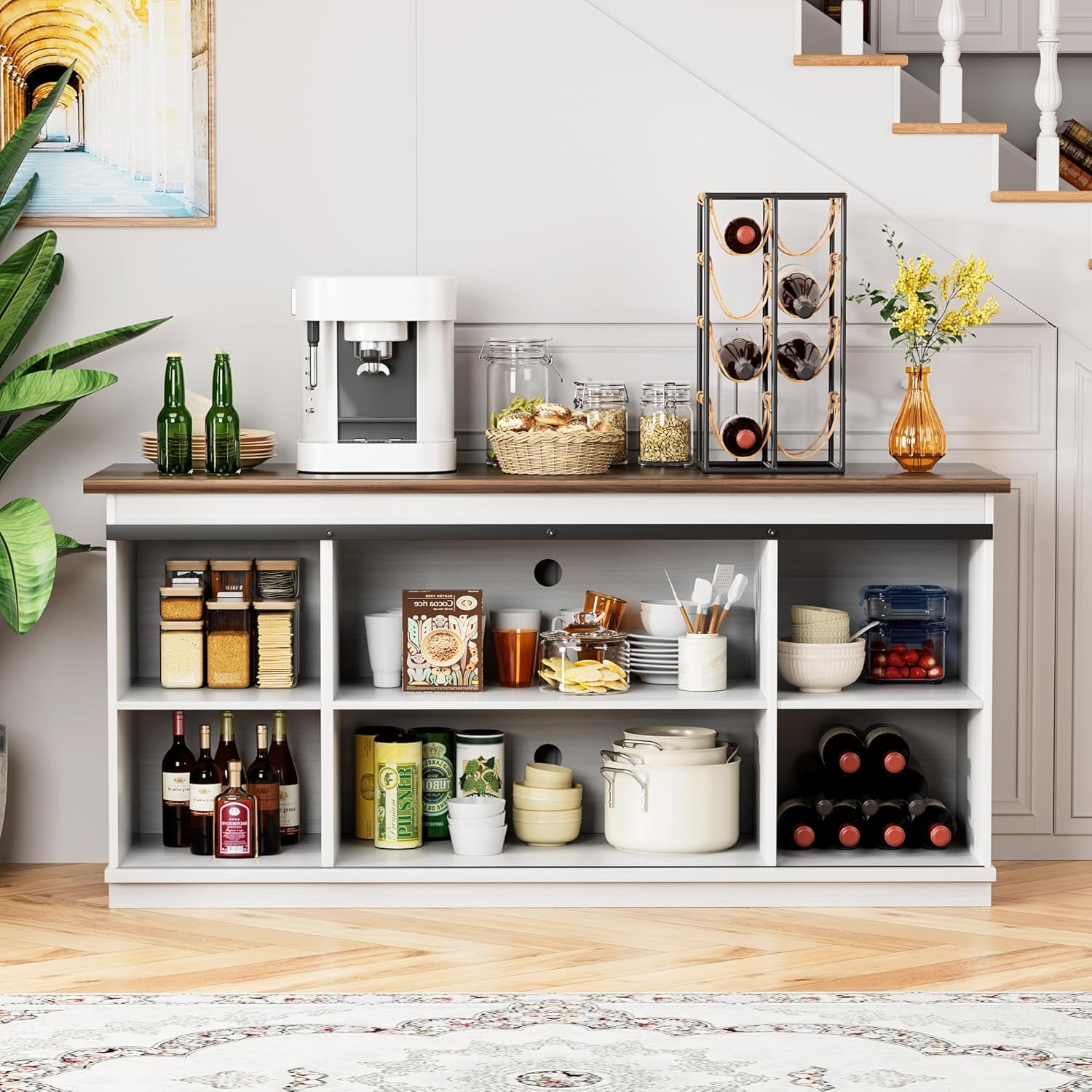 Shahoo Farmhouse Sideboard Buffet Cabinet, Coffee Bar Storage with Sliding Barn Doors, Shelf for Home Dining Room, White