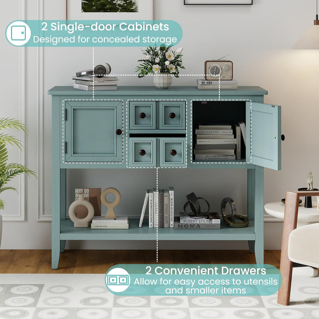 Giantex Sideboard Buffet Cabinet with Storage, 42'' Wood Credenza, Accent Coffee Bar Cabinet with Open Shelf, 2 Drawers & 2 Doors, Buffet Table for Entryway, Kitchen, Living Room, Hallway, Aqua Blue