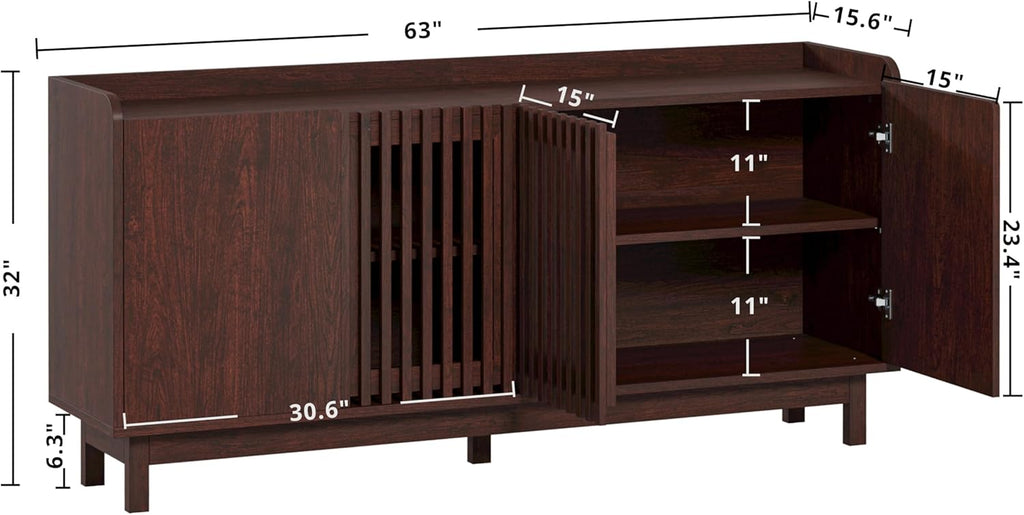 IRONCK 63" Storage Cabinet, Buffet Cabinet with Grille Doors and 2 Adjustable Shelves, Mid Century Sideboard for Kitchen, Dining Room, Entryway（Natural Red Walnut）