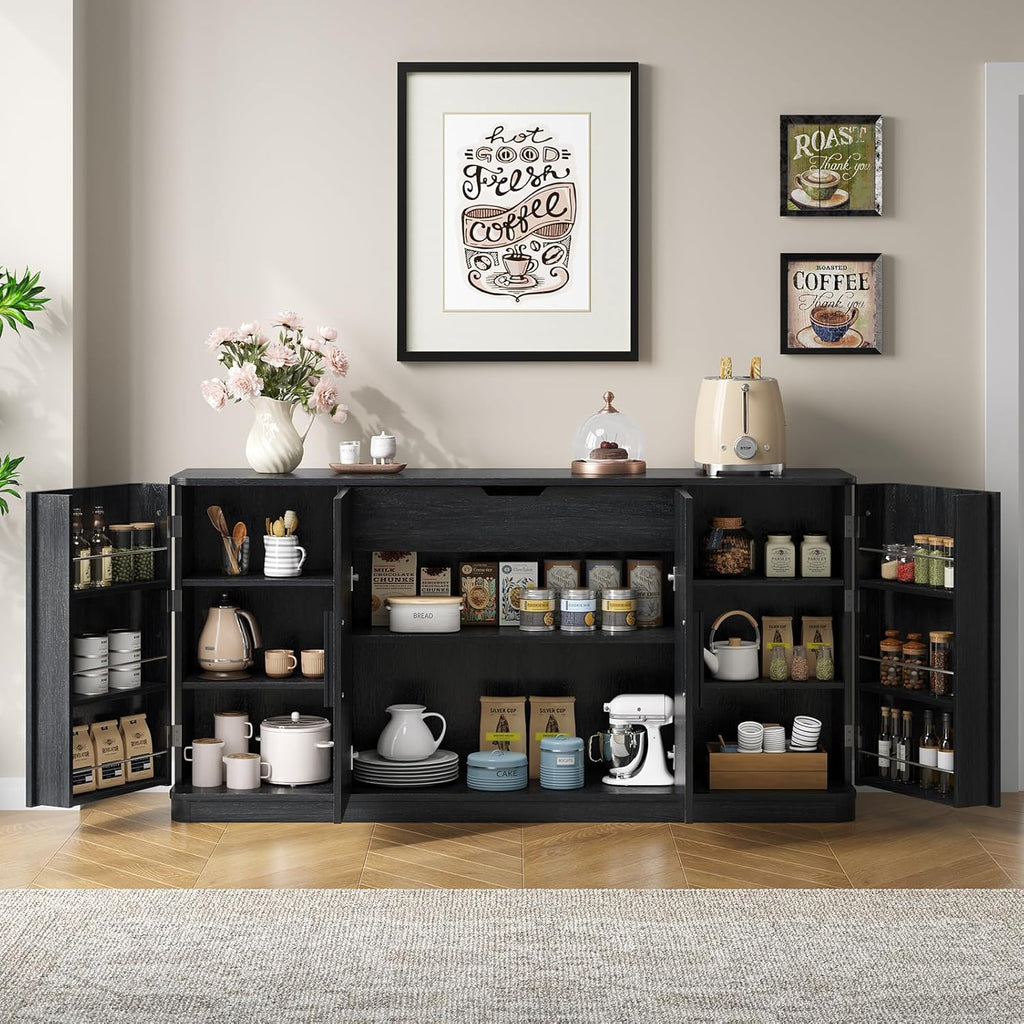 ONBRILL 63" Curved Buffet Cabinet with Storage and 4 Doors, Large Sideboard Buffet Storage Cabinet with Adjustable Shelves, Modern Coffee Bar Table for Dining Room, Living Room, Entryway (Black)