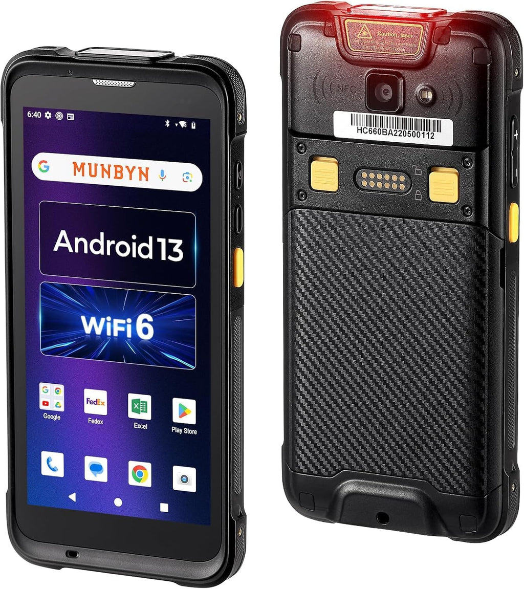 MUNBYN Upgraded Android 13 Bar Code Scanner with 5.5" Screen, Handheld Mobile Computer Wi-Fi 6, 4G LTE Wireless NFC Rugged PDA, Equip 1D/2D QR Zebra SE4710 Scanner Engine, WMS Inventory Scanner