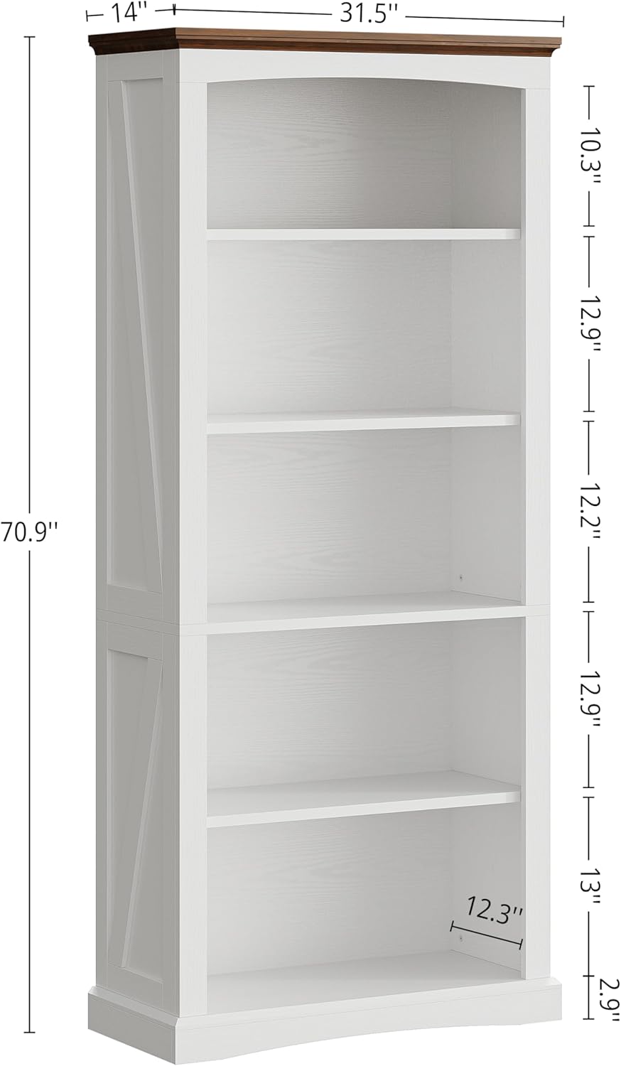 IRONCK 5 Tier Farmhouse Bookcase, 70.9" Tall White Bookshelf with Brown Top and Side Brace Panels, Large Open Display Storage Shelf for Living Room, Bedroom, Home Office, Entryway