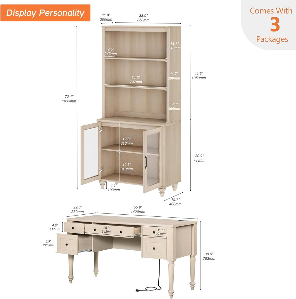 WAMPAT Home Office Furniture Set, 56'' Executive Desk with Charging Station, 72" Tall Bookcase with 2 Glass Doors, Wood Computer Desk with File Cabinet Storage, Open Shelf, Light Oak