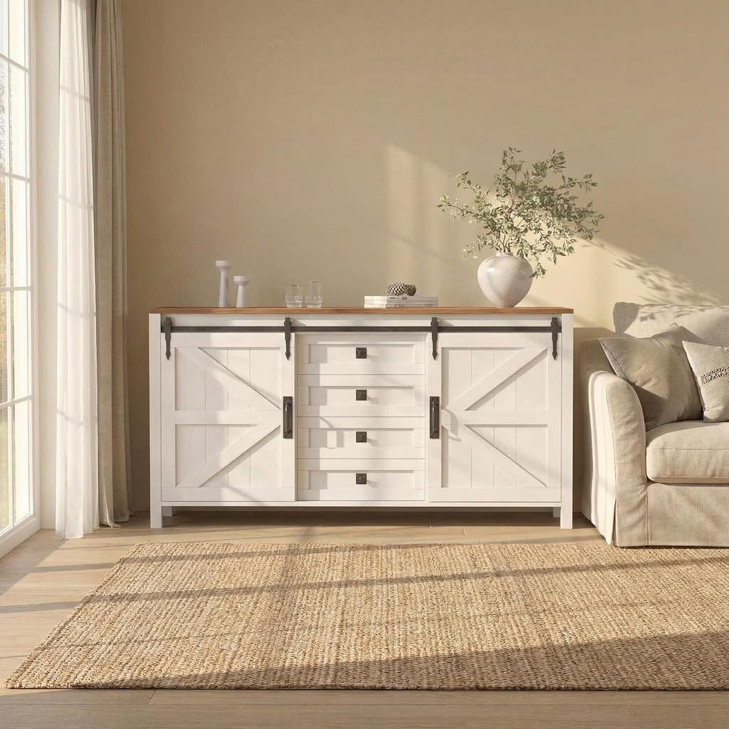 IDEALHOUSE 60" Farmhouse Sideboard Buffet with Storage Drawer & Sliding Barn Doors | Rustic Wood Coffee Bar Cabinet | Multi-Functional for Dining Room Kitchen, As TV Stand & Console Table