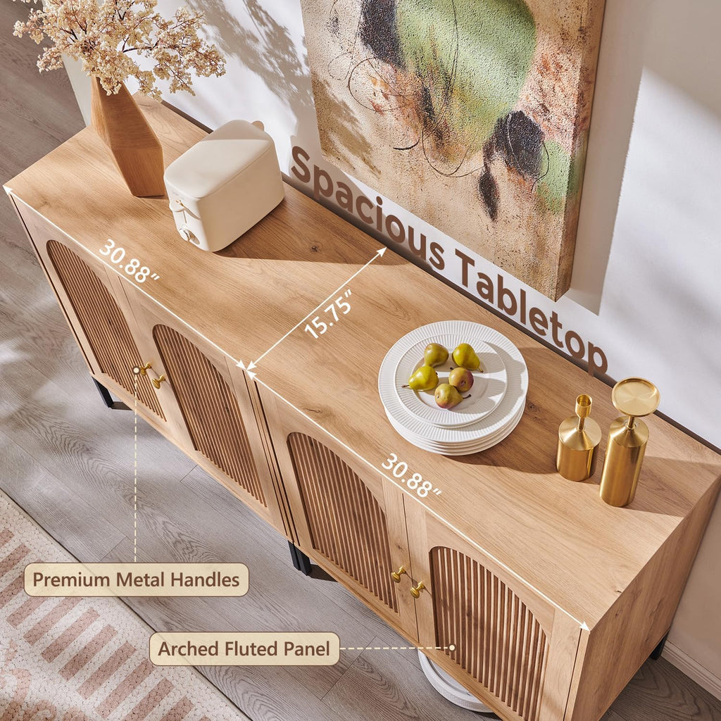 IFGET Modern Buffet Cabinet with Storage, 61.75" W Fluted Arched Sideboard Cabinet w/Adjustable Shelves, Wooden Modular Coffee Bar for Dining Room, Kitchen, Living Room, Entryway, Natural