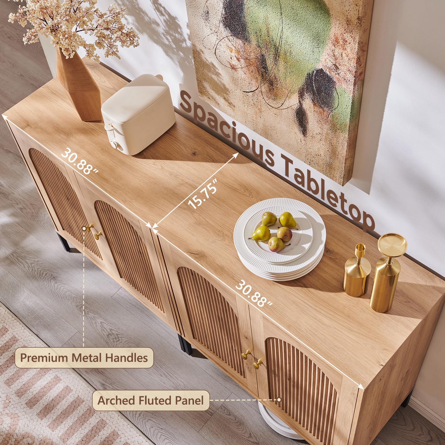 IFGET Modern Buffet Cabinet with Storage, 61.75" W Fluted Arched Sideboard Cabinet w/Adjustable Shelves, Wooden Modular Coffee Bar for Dining Room, Kitchen, Living Room, Entryway, Natural