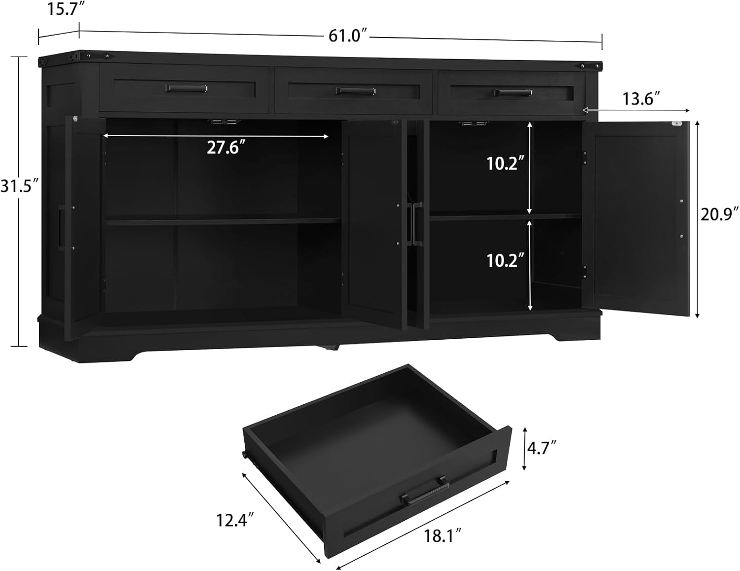 usikey Buffet Cabinet, 61” Large Sideboard Buffet Storage Cabinet with 3 Drawers, Farmhouse Coffee Bar with 4 Doors, for Kitchen, Living Room, Black