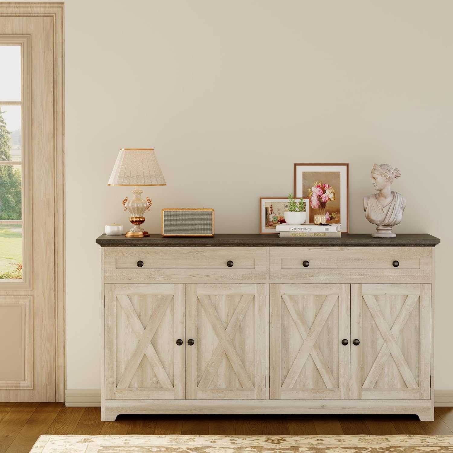 IRONCK Buffet Cabinet with Storage, Sideboard Storage Cabinet with Drawers, Coffee Bar Cabinet, Kitchen Cabinet with Doors, Charcoal Grey and Beige Maple
