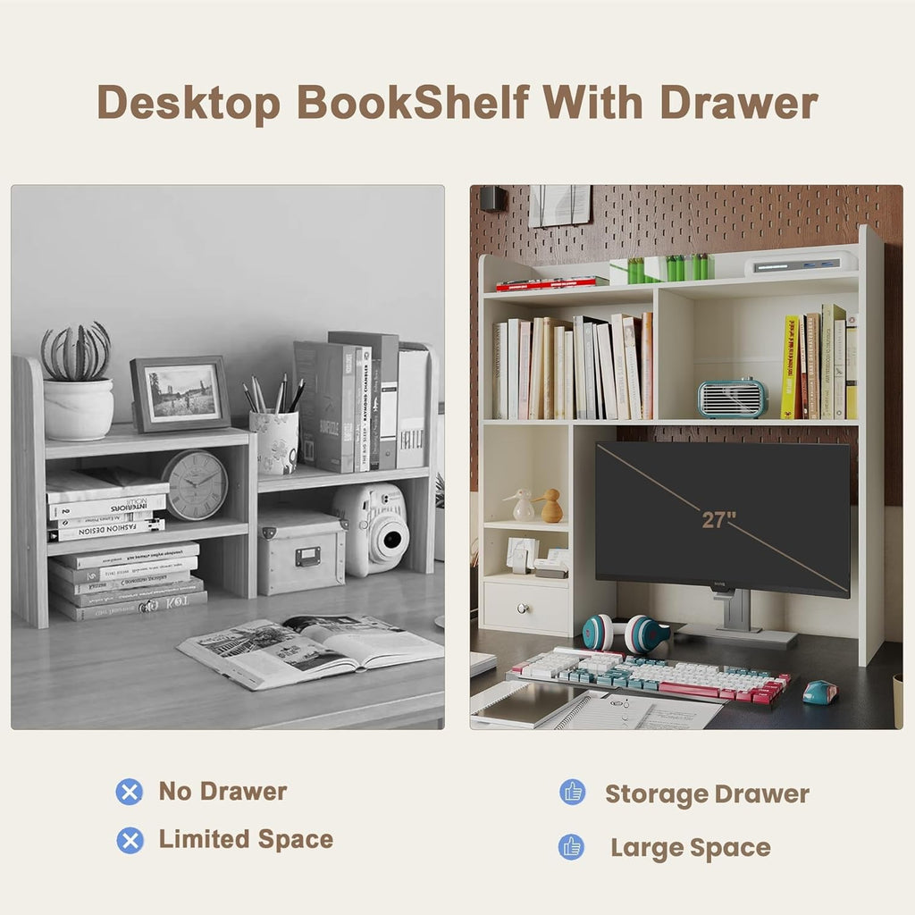 ChooChoo Desktop Bookshelf with Lights, 36.4" Tall Countertop Desk Hutch with 5 Shelves and 1 Drawer for Computer Desk, Desk Shelf Organizer for Dorm Office Home,White