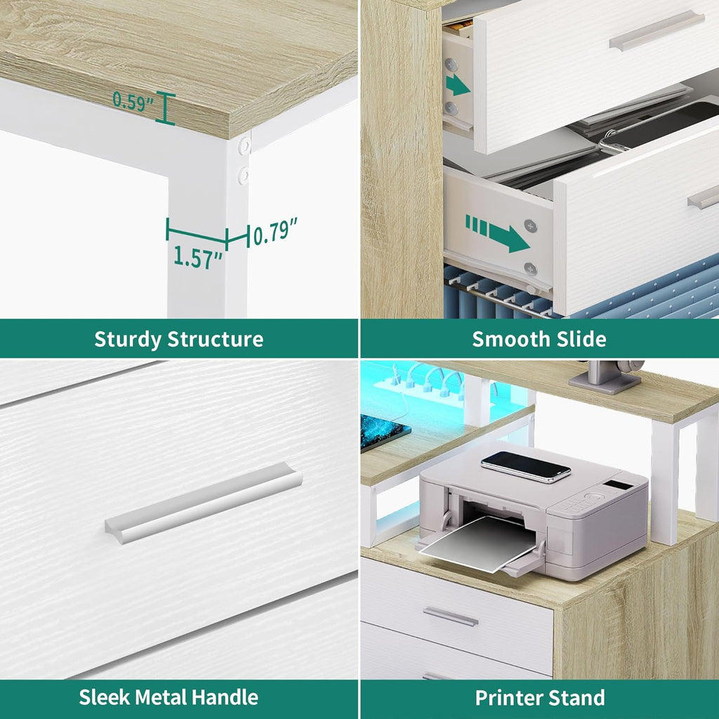YITAHOME L Shaped Desk with 3 Drawers, 65" Corner Computer Desk with Power Outlets & LED Lights, L-Shaped Desk with File Cabinet & Printer Stand for Home Office, White & Oak