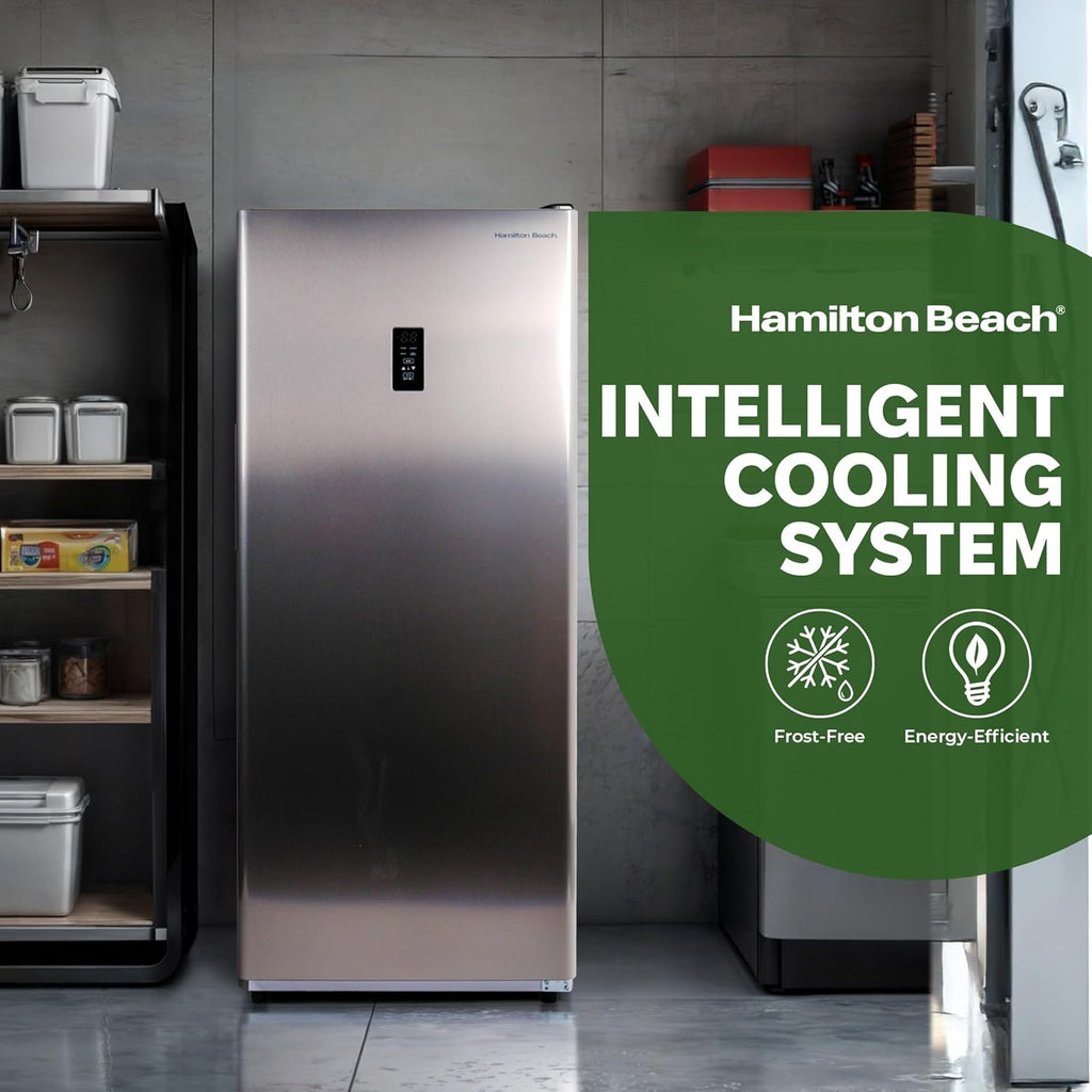 Hamilton Beach HBFRF1495 14 cu ft Upright Convertible Fridge/Freezer-Frost Free-Removable Glass Shelves-LED Interior Light, Stainless