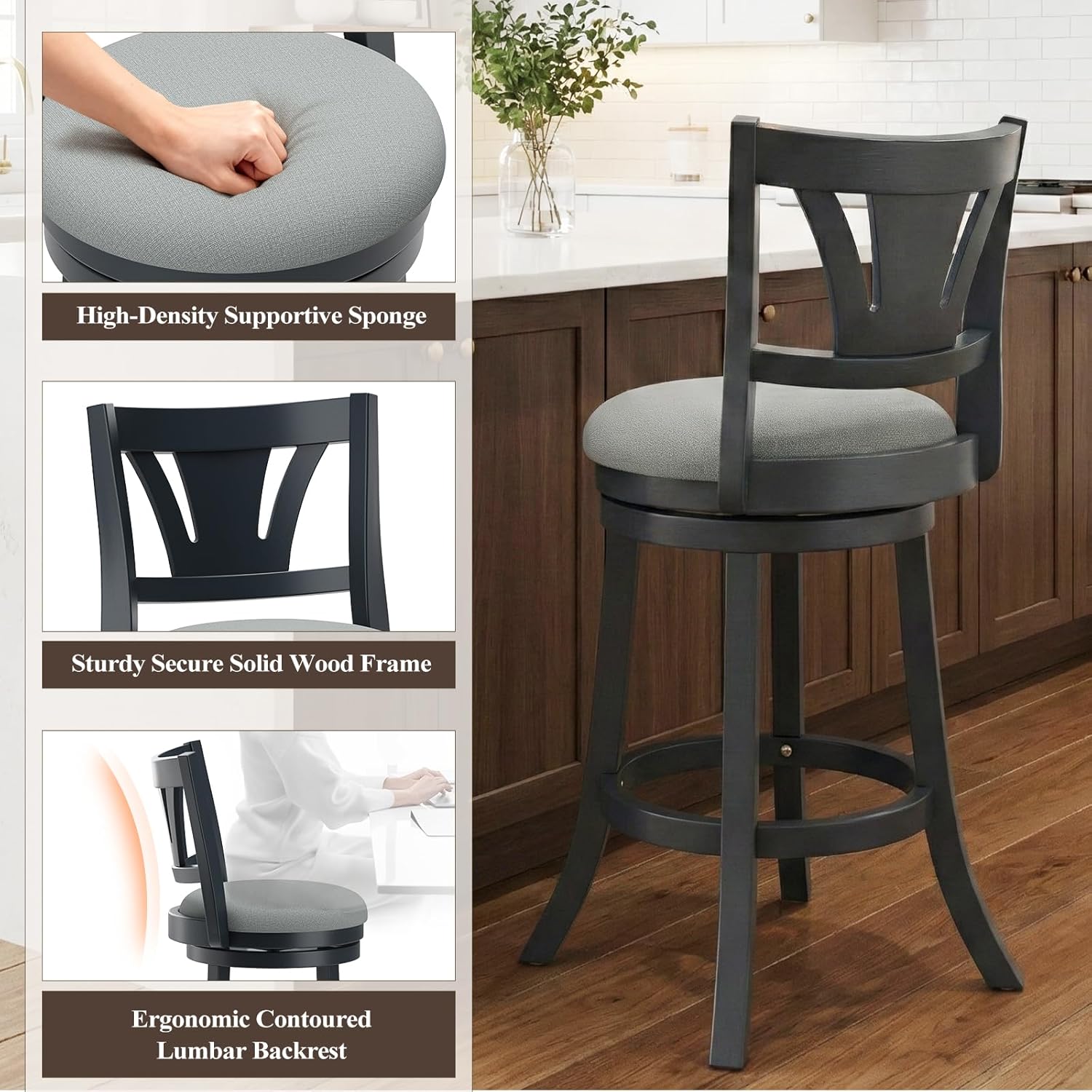 MALOL Swivel Bar Stools Set of 2, 26 Inch Counter Height Barstool with Silent Rotation, High-Density Foam Cushion, Solid Wood Frame, Footrest & Anti-Slip Pads for Kitchen Islands and Home Bars (Grey)