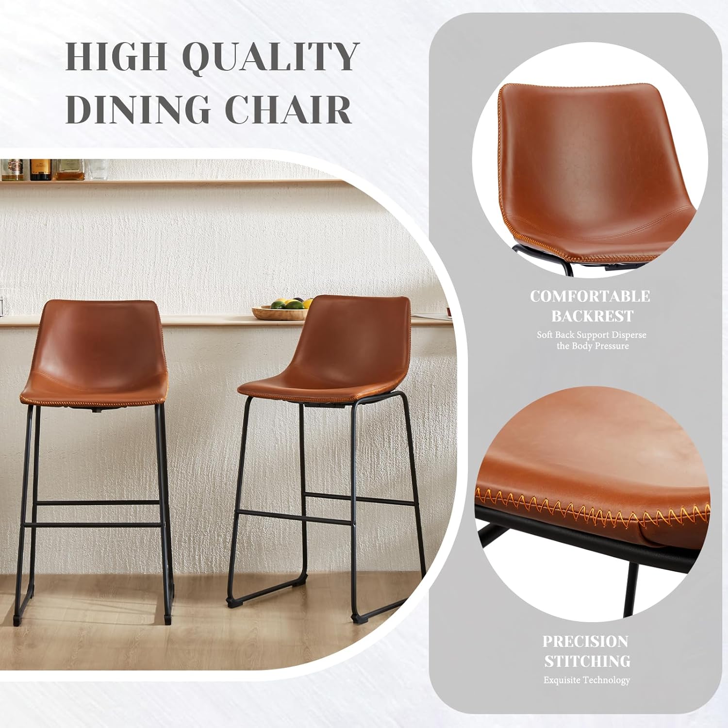 Sweetcrispy Counter Height Bar Stools Set of 2, 30 inch Height Stool Faux Leather Barstools with Back, Armless Kitchen Island Countertop Comfortable Modern Chairs with Metal Legs - Brown