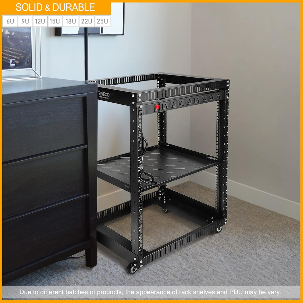 RIVECO 19" 12U Server Rack Open Frame with Wheels + PDU (8 Outlets) Power Strip Surge Protector + 1U Rack Shelf Cantilever Tray Set Black