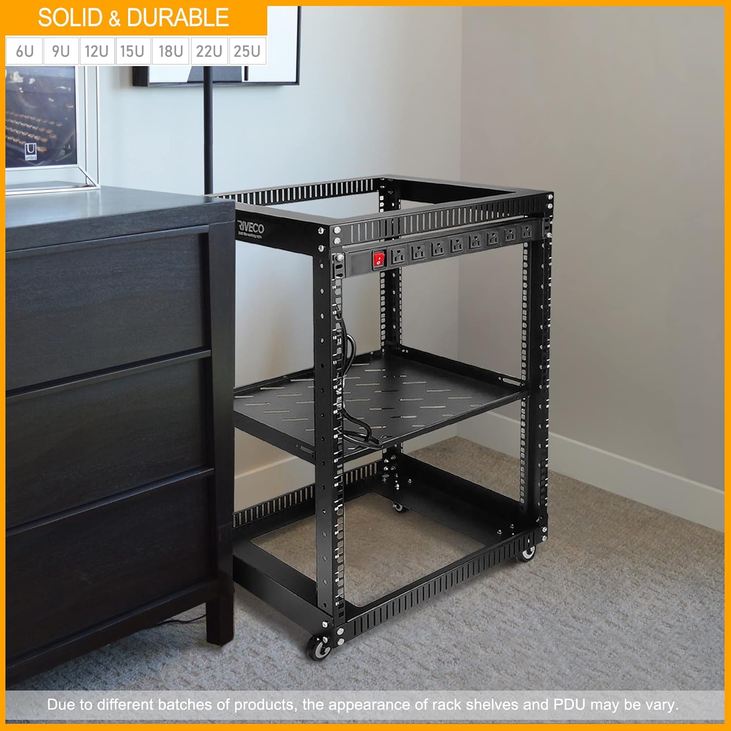 RIVECO 19" 12U Server Rack Open Frame with Wheels + PDU (8 Outlets) Power Strip Surge Protector + 1U Rack Shelf Cantilever Tray Set Black