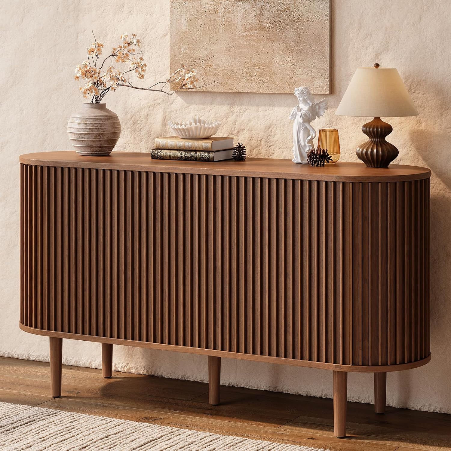 ONBRILL 55" Buffet Sideboard Cabinet with Sliding Doors, Mid-Century Modern Sideboard Buffet Cabinet with Storage & Adjustable Shelves, Accent Coffee Bar Console Table for Kitchen, Entryway, Walnut
