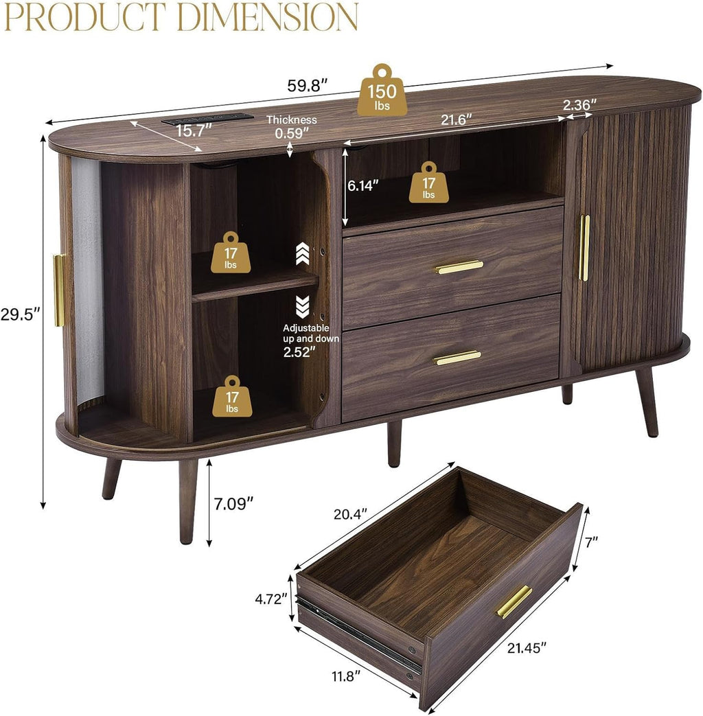 60" Sideboard Buffet Cabinet with Storage, Sliding Door & Adjustable Shelf, Modern Accent Sideboard Coffee Bar Console Table for Kitchen, Entryway and Living Room