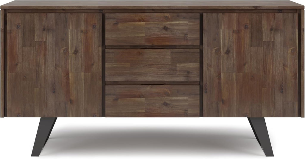 SIMPLIHOME Lowry Buffet - 60 inch Wide Solid Acacia Wood 3-Door Sideboard Buffet in Rustic Natural Aged Brown, Modern Industrial Cabinet for Dining Room with Metal Base and Adjustable Shelves