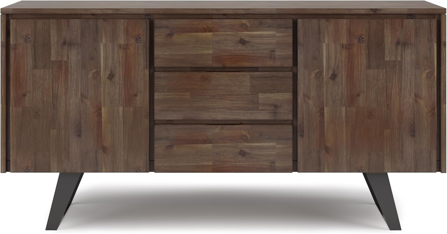 SIMPLIHOME Lowry Buffet - 60 inch Wide Solid Acacia Wood 3-Door Sideboard Buffet in Rustic Natural Aged Brown, Modern Industrial Cabinet for Dining Room with Metal Base and Adjustable Shelves