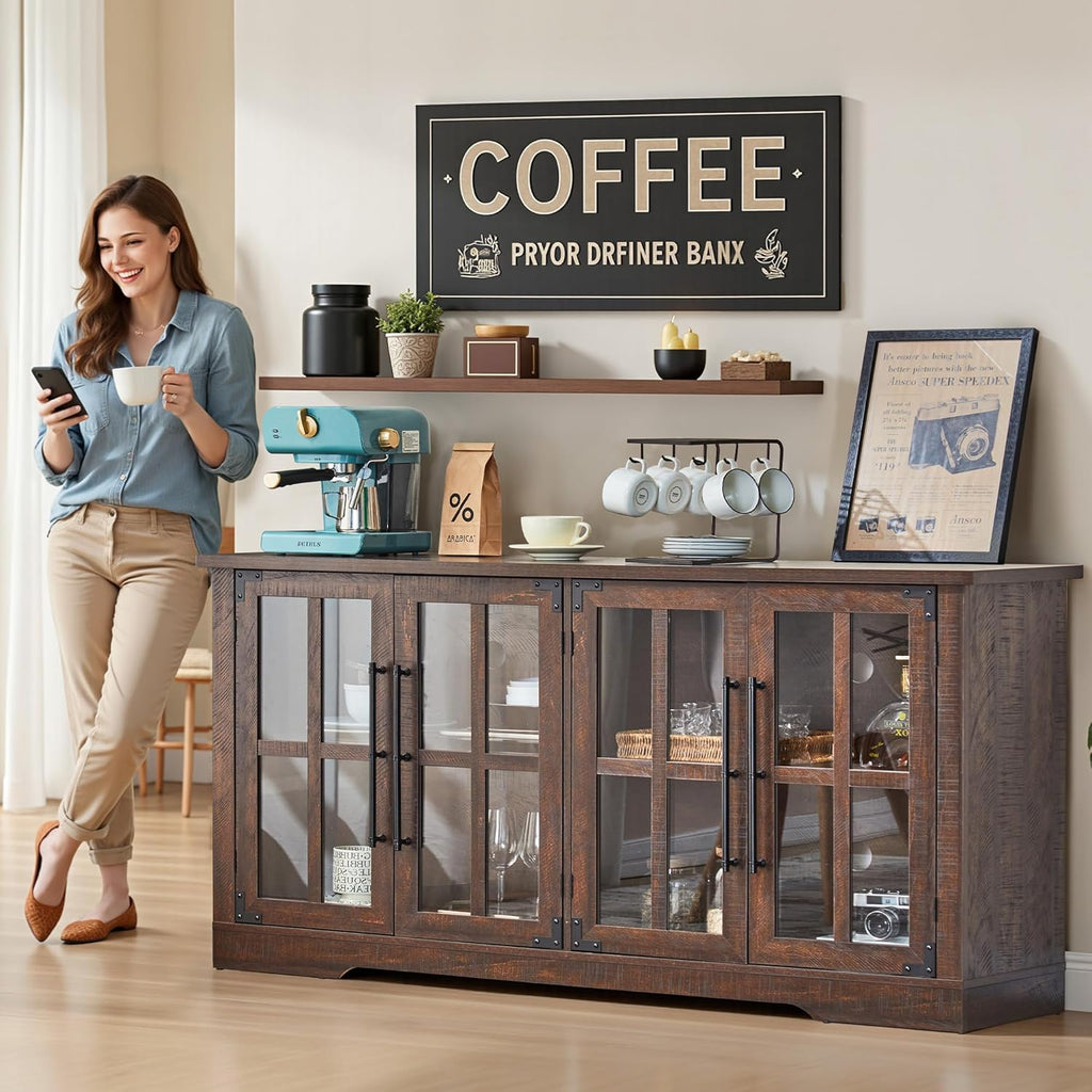 AMERLIFE Farmhouse 63" Buffet Sideboard Cabinet with Glass Door, Large Storage Cabinet with Adjustable Shelf, Wooden Coffee Bar Station for Kitchen, Dinning Room, Brown
