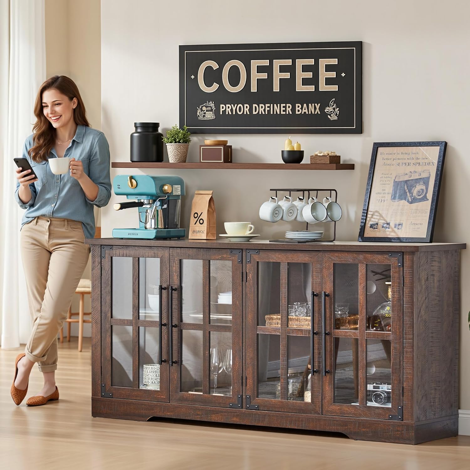 AMERLIFE Farmhouse 63" Buffet Sideboard Cabinet with Glass Door, Large Storage Cabinet with Adjustable Shelf, Wooden Coffee Bar Station for Kitchen, Dinning Room, Brown