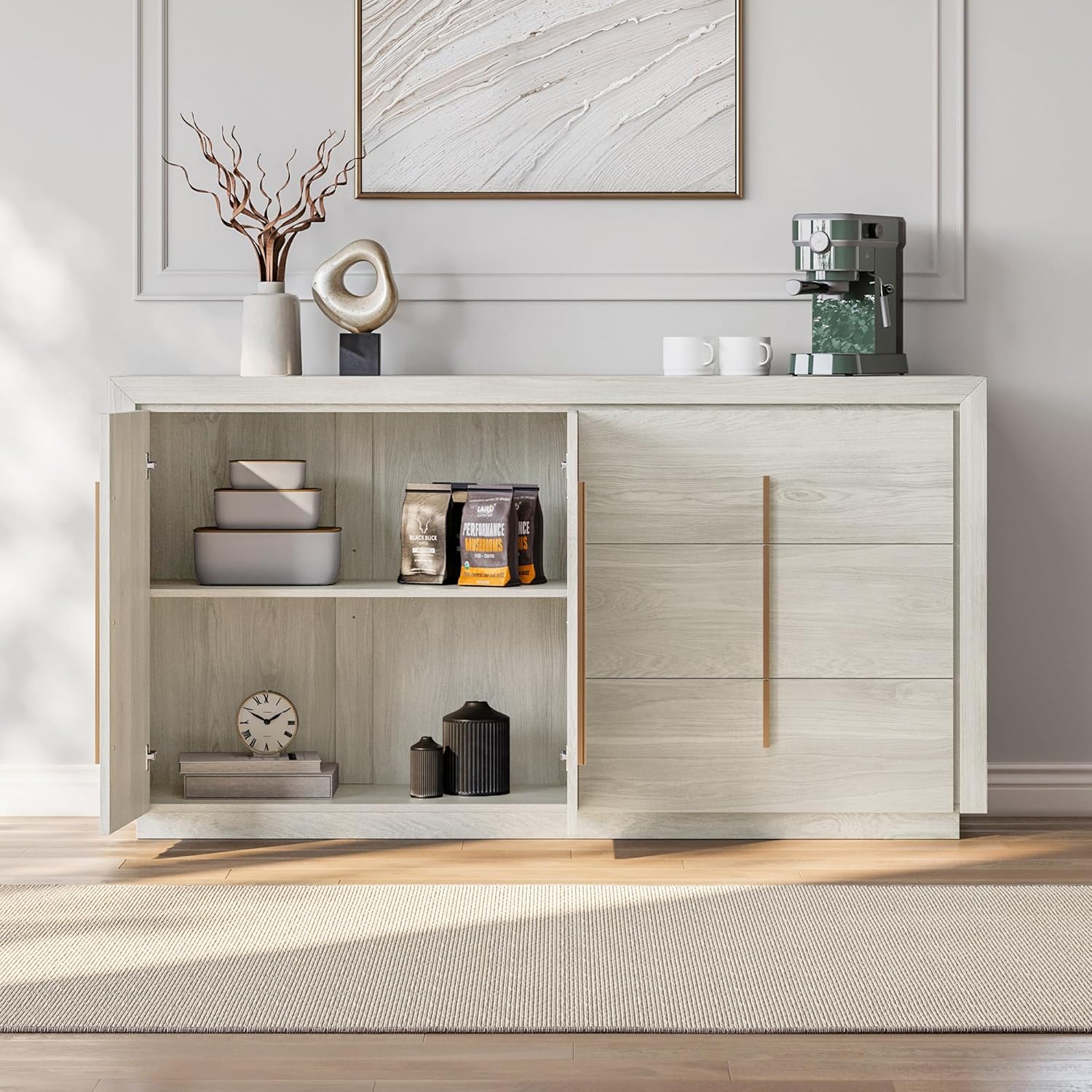 BELLEZE 64” Sideboard Buffet Cabinet, Modern Fluted Door Console Table with 3 Drawers and Adjustable Shelves, Accent Storage Cabinet for Entryway, Living Room & Dining Room - White Sand