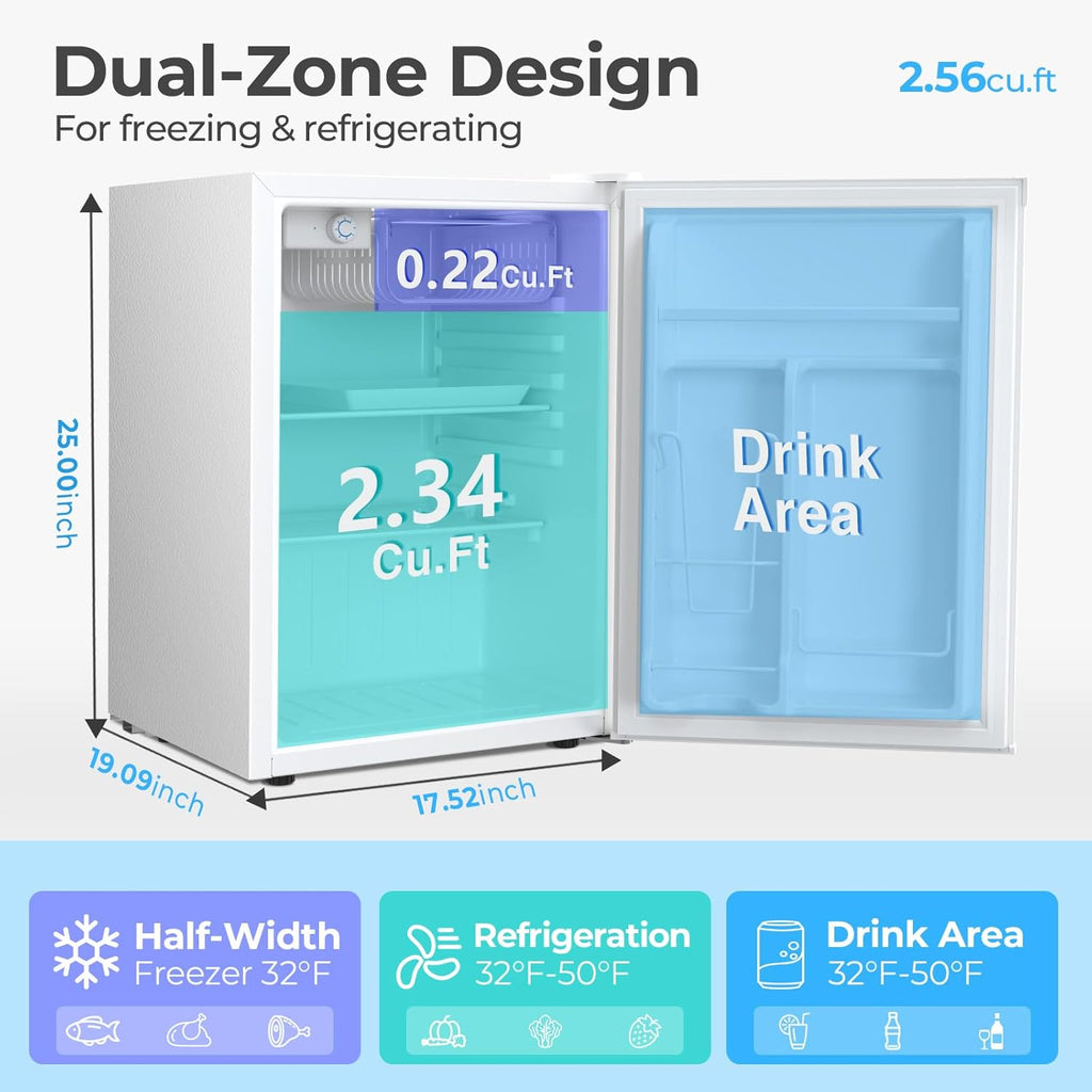 Antarctic Star 2.56 Cu.Ft. Mini Fridge with Freezer, Small Refrigerators with Adjustable Thermostat, Low Noise, Energy Saving, Compact Refrigerators for College Dorm, Office, Bedroom, Apartment, White