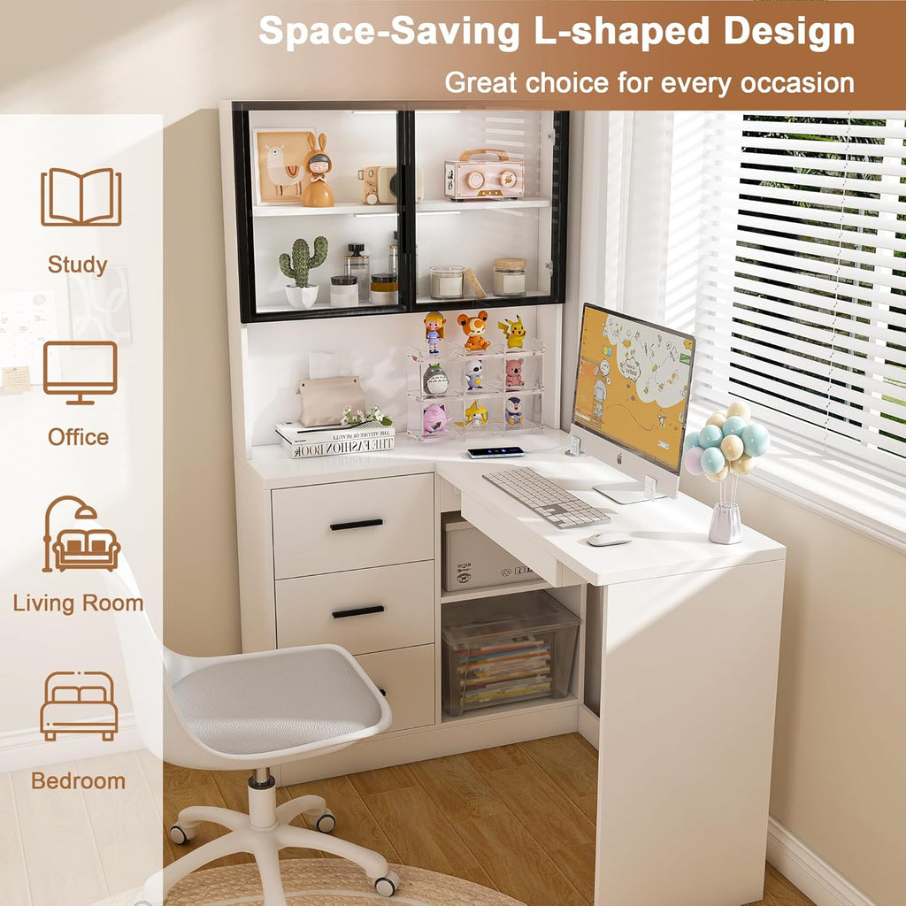 43" LED Lighting Work Desk, Office Table with USB Charging, Study Table with Storage for Home & Corporate Workspaces, White