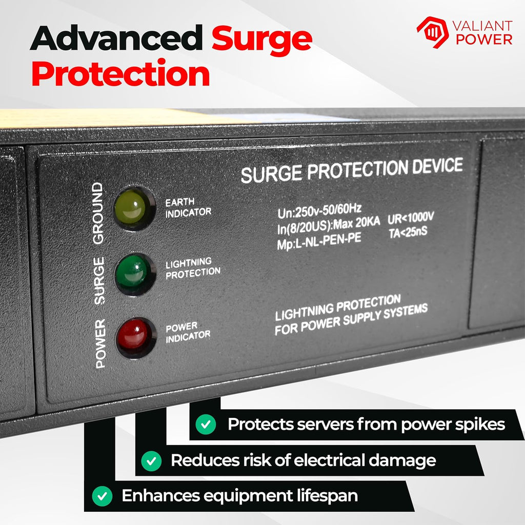 Rack Mount Power Strip - 240V 30A Single Phase PDU with Built-in Surge Protector, Volt & Amp Meter for Data Center - 19” Metal Housing, Ears & Fittings Included, 6' Cable, 6 Outlets