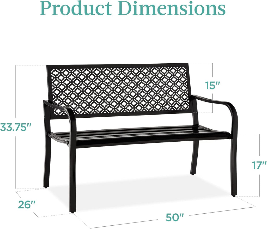 Best Choice Products Outdoor Bench 2-Person Metal Steel Benches Furniture for Garden, Patio, Porch, Entryway w/Geometric Backrest, 790lb Capacity – Black