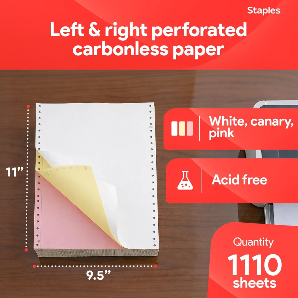 Staples Multi-Part Colored Computer Paper, 9 1/2" x 11", 3-Part, Carbonless, 1100 Sheets