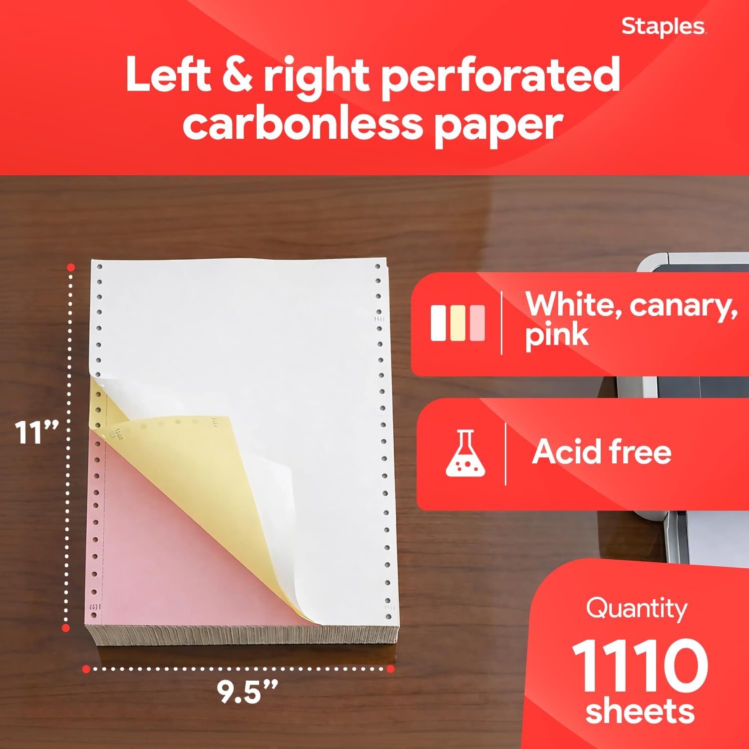 Staples Multi-Part Colored Computer Paper, 9 1/2" x 11", 3-Part, Carbonless, 1100 Sheets