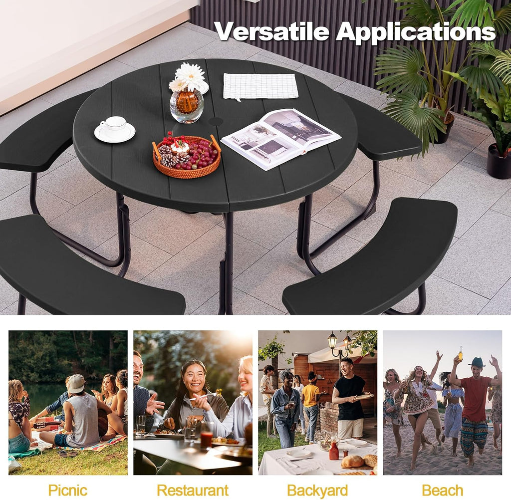 Tangkula 8 Person Picnic Table, Outdoor Round Picnic Table with 4 Built-in Benches, Umbrella Hole, Metal Frame & HDPE Tabletop, Outside Table and Bench Set for Backyard, 2300lbs Weight Capacity