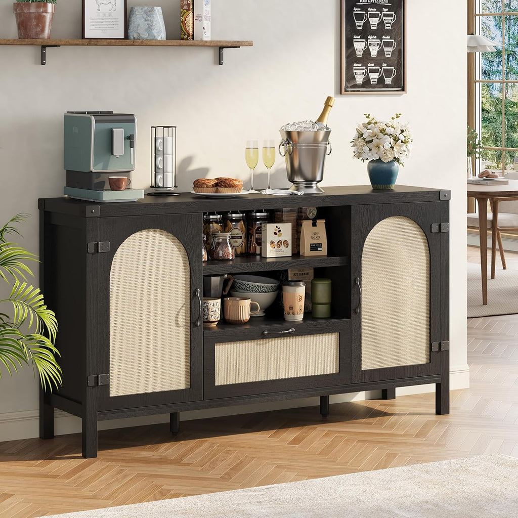 IDEALHOUSE 47.2" Buffet Cabinet with Storage, Farmhouse Kitchen Sideboard with Drawer, Rattan Coffee Bar Cabinet for Living Room, Kitchen, Entryway, Black